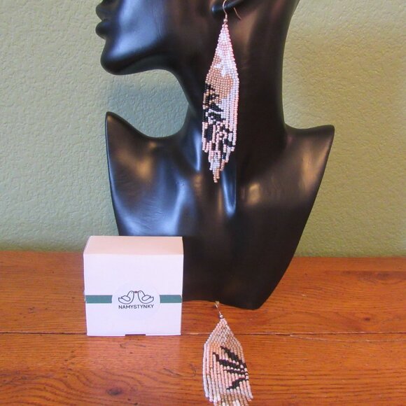 Beautiful Namystynky Etsy Artisan Floral Abstract Long Czech Beaded Earrings - Picture 13 of 15